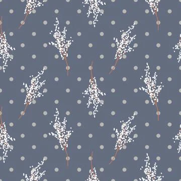 Bird cherry tree branches seamless polka dot blue pattern vector design. 스톡 일러스트