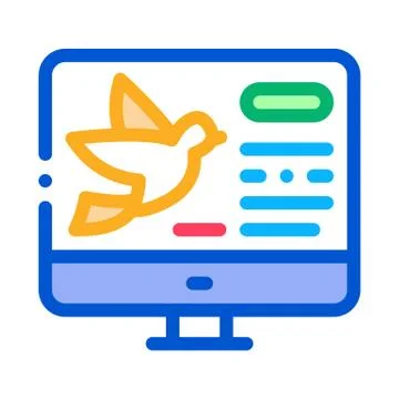 Bird On Computer Screen Icon Thin Line Vector Stock Illustration