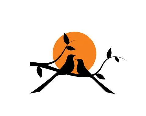 Bird couple on branch on sunset, vector. Two birds silhouette isolated Stock Illustration