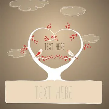Bird couple sitting on heart shaped tree Stock Illustration