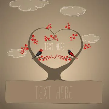 Bird couple sitting on heart shaped tree Stock Illustration