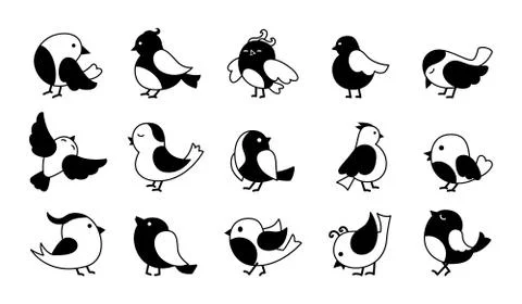 Bird different pose black glyph cartoon set vector Illustrazione stock