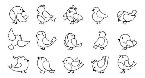 Bird different pose black line cartoon set vector Stock Illustration