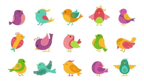 Bird in different pose cartoon set cute vector Stock Illustration