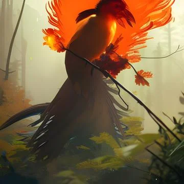 Bird escaping from a forest fire while new life starts in the nature Stock Illustration