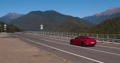 Bird Eye Drone Red Car Long Road Open Horizon Stock Footage 160276790