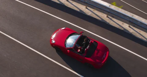 Bird Eye Drone Red Convertible Scenic Road Drive Stock Footage 159664034