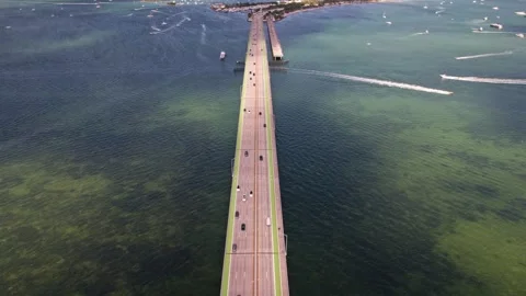 Bird eye drone shot of William M Powell Bridge. Stock Footage 243334780