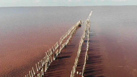 Bird eye flight huge red rippling lake with wooden pillars Video stock 103182925