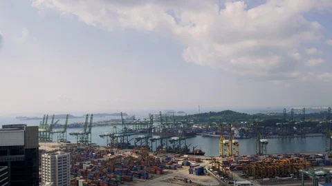 Bird eye panoramic view of busiest Asian cargo port. Commercial port of Video stock 102769486