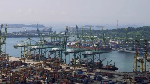 Bird eye panoramic view of busiest Asian cargo port. Commercial port of Video stock 102769916