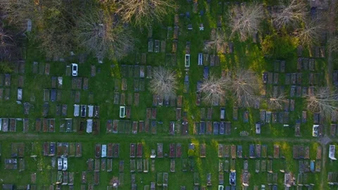 Bird eye top down drone view of an old graveyard in the woods slowly moving up Stock Footage 153554024