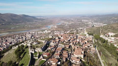 Bird eye view of Berat Castle built and old city in Albania Stock Footage 257698285