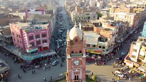 Bird eye view of clock tower of Faisalabad Pakistan with traffic (4) Stock Footage 199243484