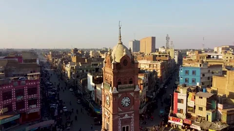 Bird eye view of clock tower of Faisalabad Pakistan with traffic (3) Stock Footage 199243487