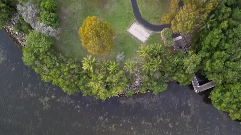 Bird eye view David T Kennedy Park flying to water to see a boat 스톡 동영상 243934769