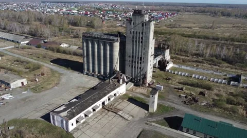 Bird eye view on grain elevator in twilight Stock Footage 155389847