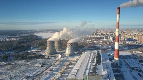 Bird eye view heating station with snow and cooling towers Vidéo 102708556