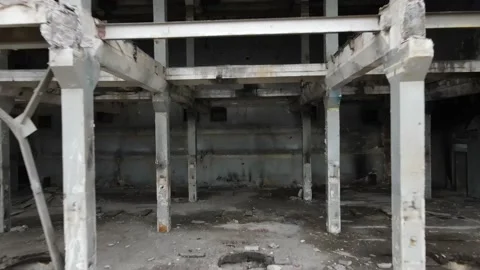 Bird Eye View of a Huge Abandoned Soviet Industrial Zone of Chemical Factory 4k Stock Footage 150230899