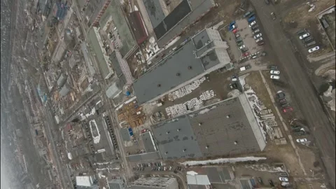 Bird Eye View of Industrial Complex and Metal Fabrication Yard. Aerial FPV Drone Stock Footage 257770201