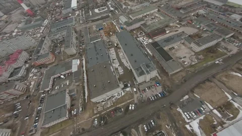 Bird Eye View of Industrial Complex and Metal Fabrication Yard. Aerial FPV Drone Stock Footage 257770387