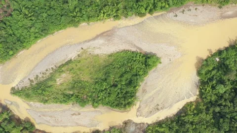 Bird eye view of a large river in which the camera turns around Stock Footage 142759765
