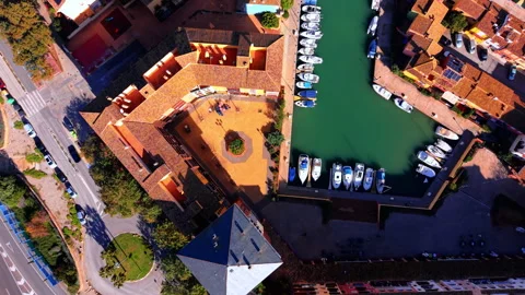 Bird eye view of marina pier and residential building Stock Footage 334860234