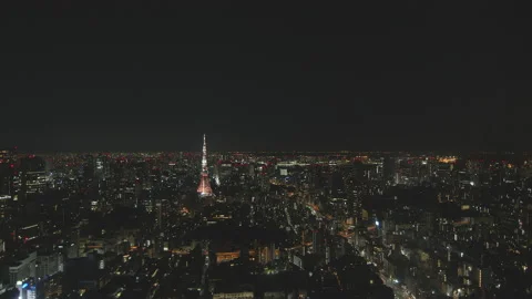 Bird eye view - Night view of Tokyo cityscape zoom-in Stockbeeldmateriaal 151888424