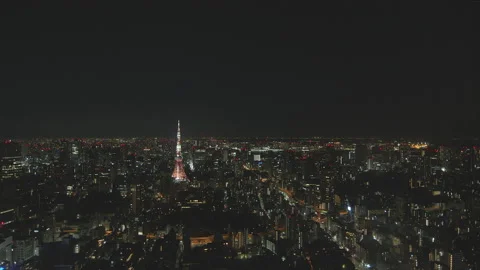 Bird eye view - Night view of Tokyo cityscape zoom-out Stockbeeldmateriaal 151888824