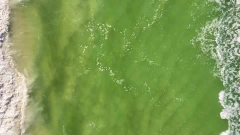 Bird-eye view of ocean waves down below crashing onto the shore in Summer. Stock Footage 278123415