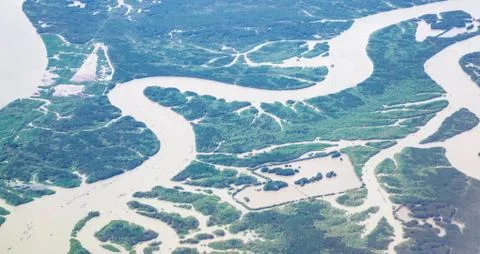 Bird eye view from plane window: Ho Chi Minh City with meandering Saigon Rive Foto stock