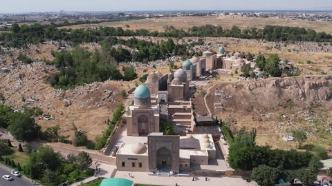 Bird eye view of the Shah-i-Zinda necropolis in Samarkand on a sunny day Stock Footage 250199596