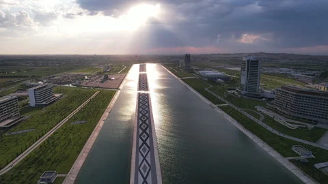 Bird eye view of the Silk Road Samarkand canal at sunset, Uzbekistan. - May 25 Stock-Footage 249926155