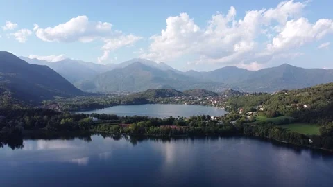 Bird eye view of two lakes called Laghi di Avigliana. Aerial drone view Stock Footage 247837712