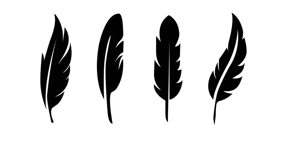 Bird Feather black silhouettes. Plumelet collection. Vector isolated on white Stock Illustration