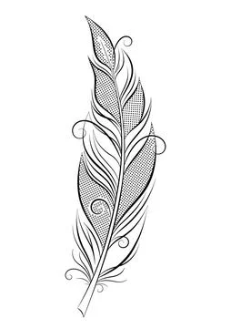 Bird feather with halftone pattern. Vector illustration. Feather line art Stock Illustration