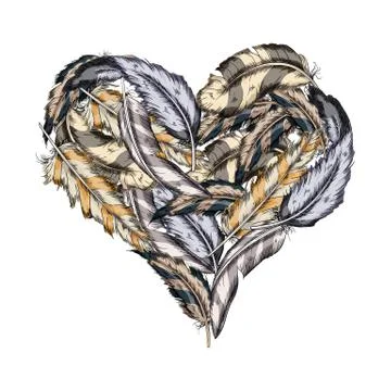 Bird Feather Heart .Handmade work.Vector illustration isolated on white Stock Illustration