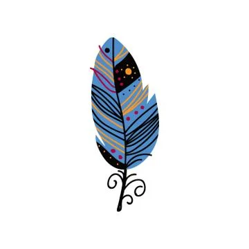 Bird Feather with Patterns in Blue Colors, Beautiful Decoration Element Vector Stock Illustration