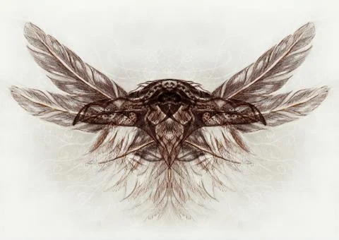 Bird feathers on black background. Original drawing and computer effect. 스톡 일러스트