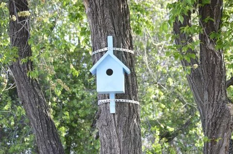 A bird feeder in the shape of a house made of wooden blocks Stock Photos