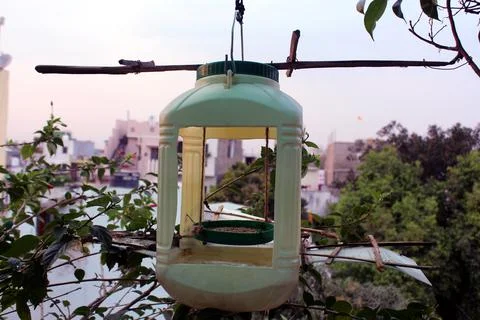 Bird feeder from waste container Stock Photos