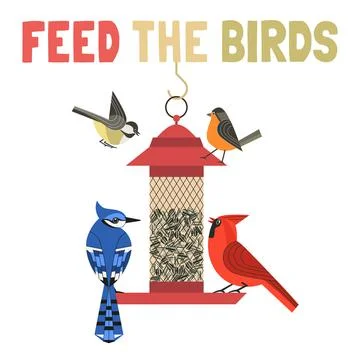 Bird feeding flat color vector poster Stock Illustration
