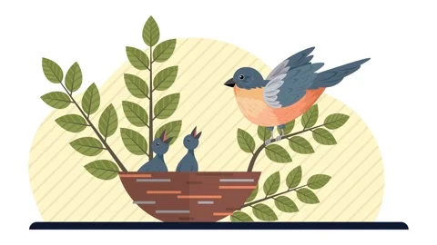 Bird feeding its chicks in a nest, surrounded by lush green leaves, representing Stock Footage 304966165