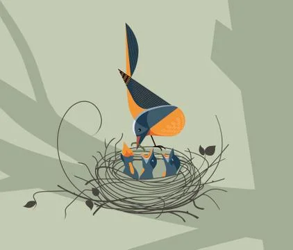 The bird feeds the chicks in the nest Stock Illustration