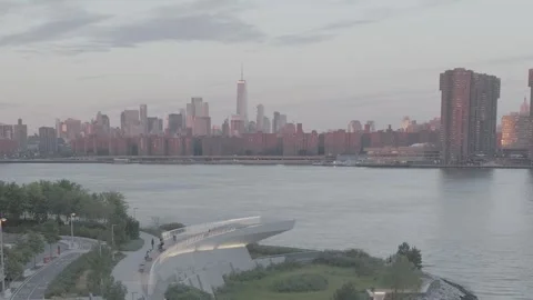 Bird Flies in Front of Drone Level Camera in Cinematic New York City Dawn Stock Footage 326705584