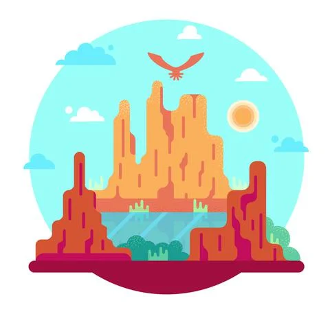 Bird flies over the desert - vector cartoon illustration in flat stile Stock Illustration