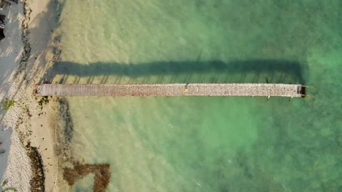 Bird flies over sea while woman walks on a wooden pier extending into clear Stock Footage 321352364