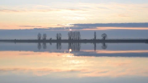 Bird flies over water through frame during sunrise Stock Footage 88104372