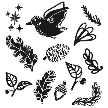Bird in flight, leaves, pine cone, acorn, twigs, cartoon style, linocut, isol Illustrazione stock