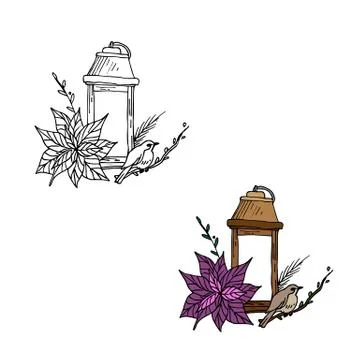 Bird, flower, lantern vector illustration in color and outline sketch style Stock Illustration